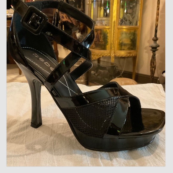 Bebe Black Leather Strappy Sandals Stiletto Heels Size 8 "Fetish" - Picture 2 of 7